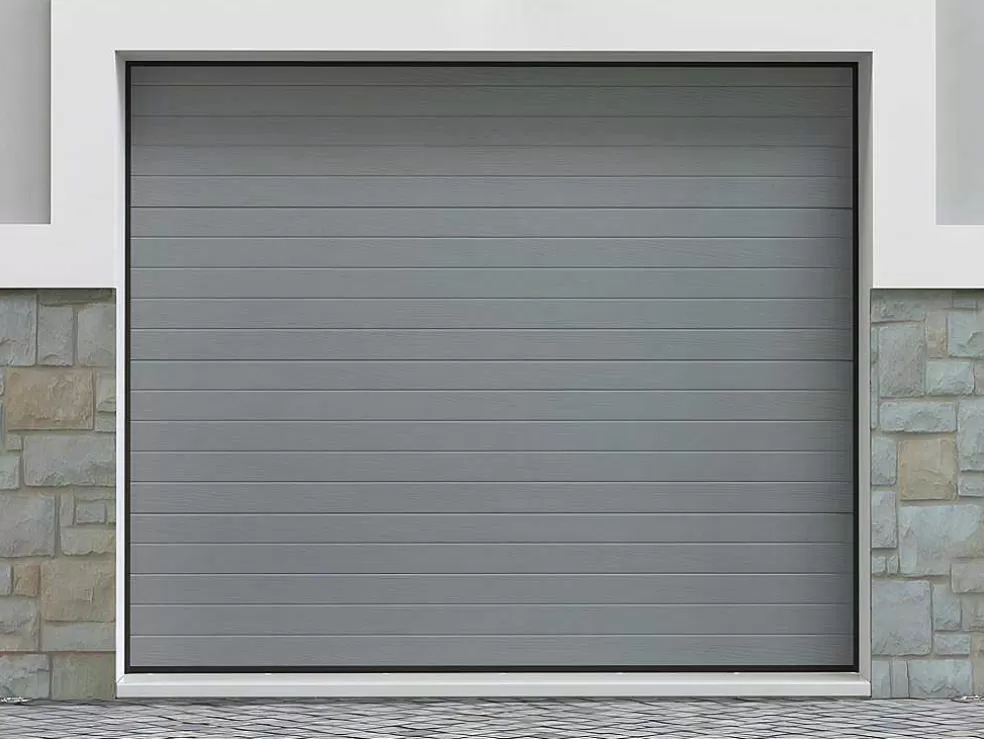 Vente-unique Porta De Garagem Seccionada Efeito Ranhurado Cinza Motorizado - Noria* Porta De Garagem