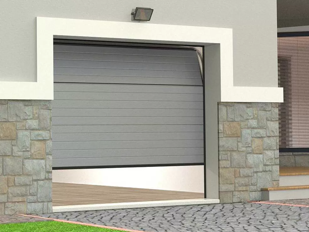 Vente-unique Porta De Garagem Seccionada Efeito Ranhurado Cinza Motorizado - Noria* Porta De Garagem