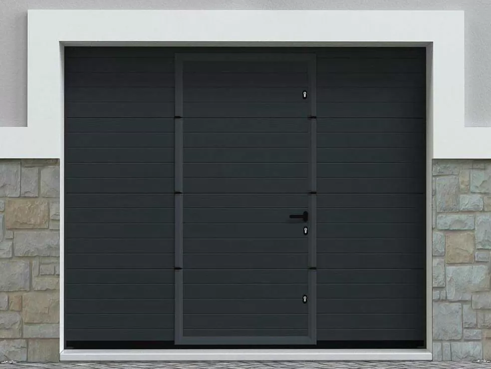 Somfy Porta De Garagem Seccionada Efeito Ranhurado Com Porta Central Antracite Com Motor - Noria* Porta De Garagem