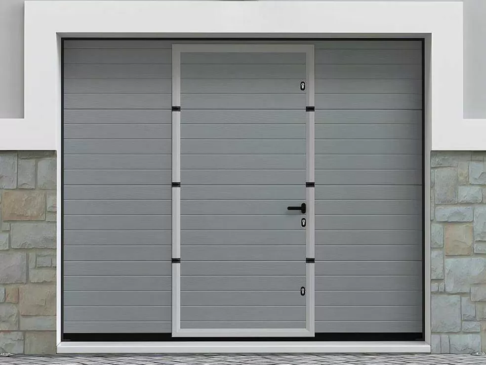 Vente-unique Porta De Garagem Seccionada Efeito Ranhurado Com Porta Central Cinza Motorizada - Noria* Porta De Garagem