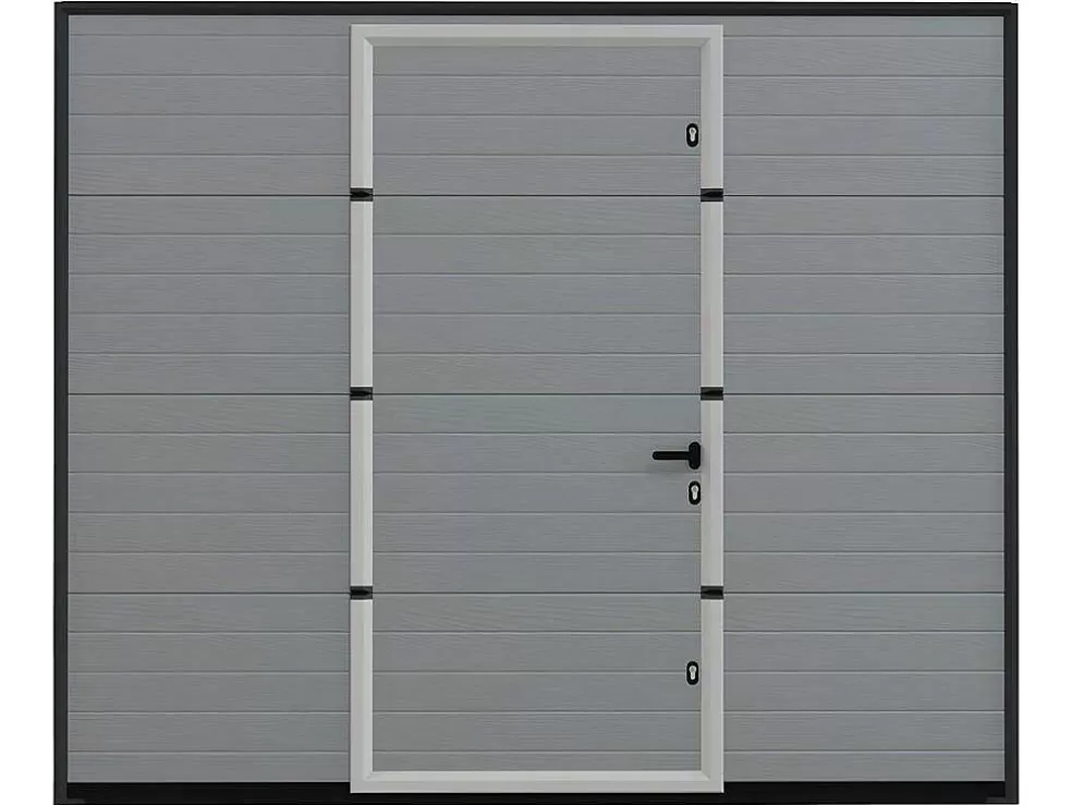 Vente-unique Porta De Garagem Seccionada Efeito Ranhurado Com Porta Central Cinza Motorizada - Noria* Porta De Garagem