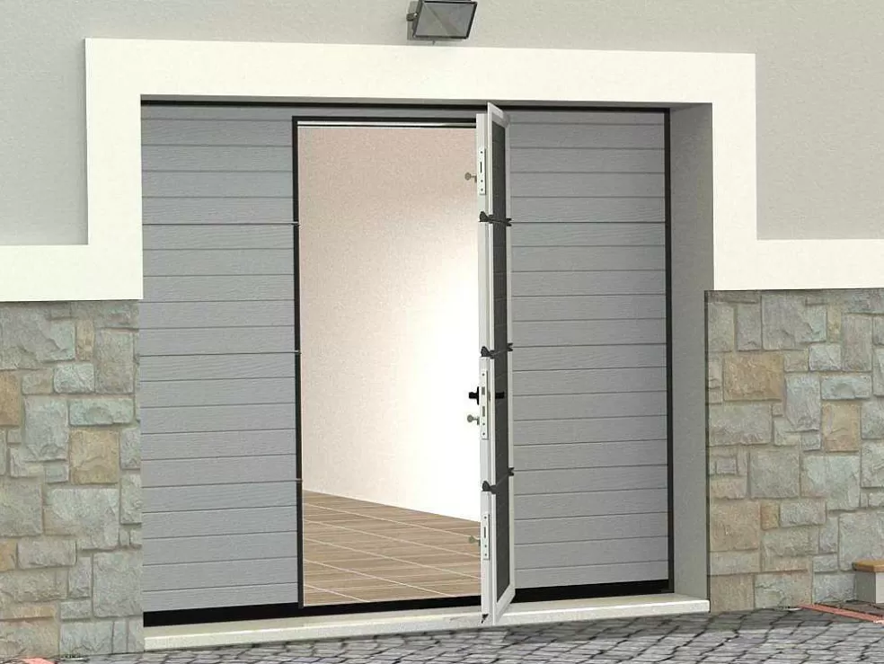 Vente-unique Porta De Garagem Seccionada Efeito Ranhurado Com Porta Central Cinza Motorizada - Noria* Porta De Garagem