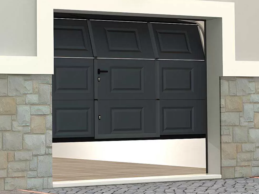 Vente-unique Porta De Garagem Seccionada Motorizada Com Padrao Quadriculado E Porta Central Antracite - Caopas* Porta De Garagem