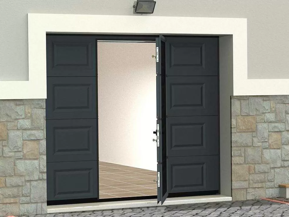 Vente-unique Porta De Garagem Seccionada Motorizada Com Padrao Quadriculado E Porta Central Antracite - Caopas* Porta De Garagem