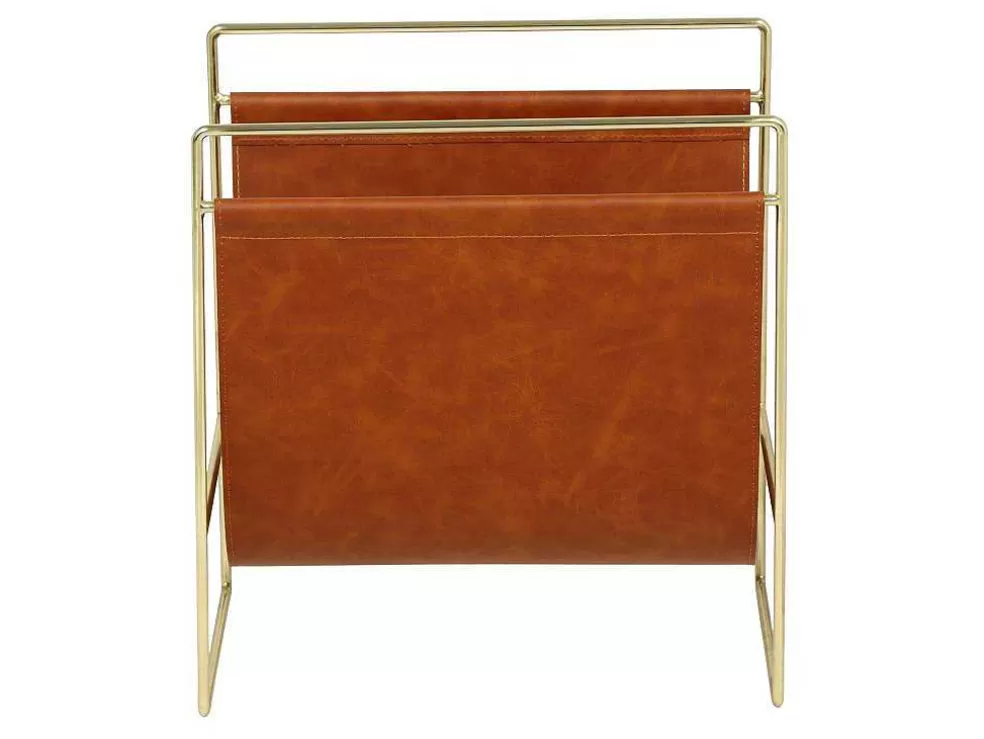 OZAIA Porta-Revistas Vintage Em Pele Sintética C38 X L22 X A41 Cm, Metal E Pele Sintética Castanha - Ferri* Acessórios De Arrumação
