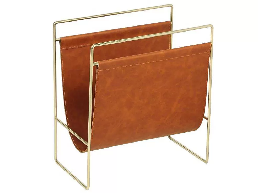 OZAIA Porta-Revistas Vintage Em Pele Sintética C38 X L22 X A41 Cm, Metal E Pele Sintética Castanha - Ferri* Acessórios De Arrumação