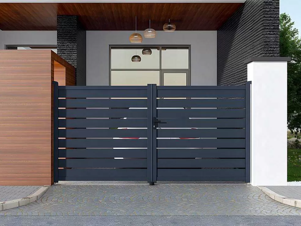 EXPERTLAND Portão De Batente Perfurado Antracite Em Aluminio De C350 X A176 Cm - Primo* Porta E Portão