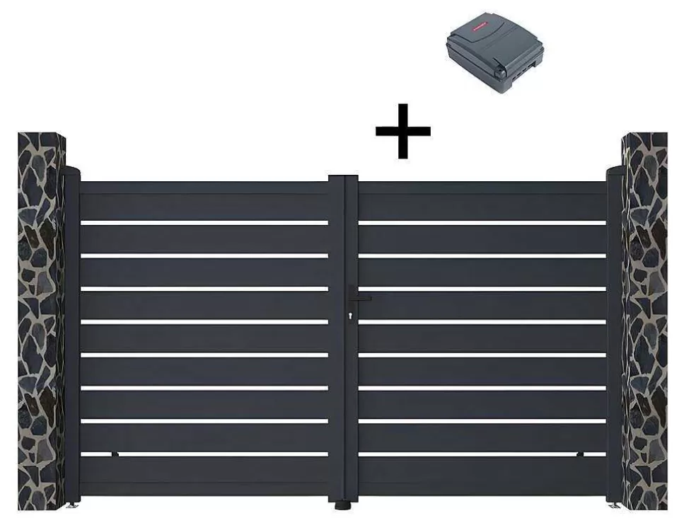 EXPERTLAND Portão De Batente Perfurado Motorizado Antracite Em Aluminio De C305 X A183 Cm - Primo* Porta E Portão