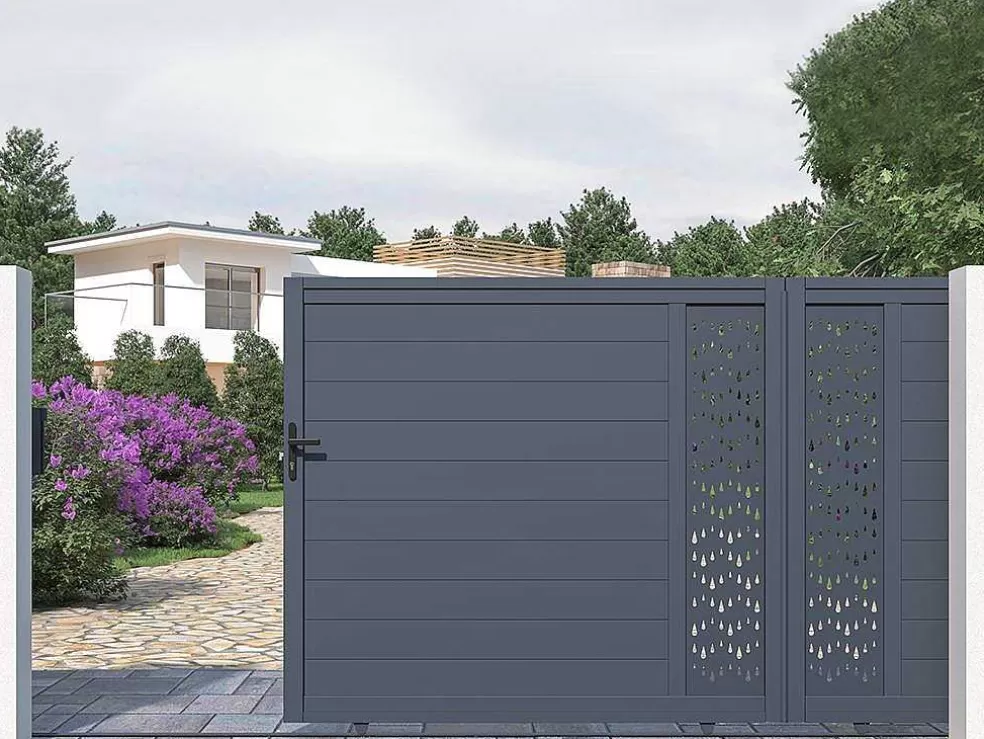 EXPERTLAND Portão Eletrico De Correr Em Aluminio Semiperfurado Com Motivos De C416 X A180 Cm Cor Antracite - Gregor* Porta E Portão