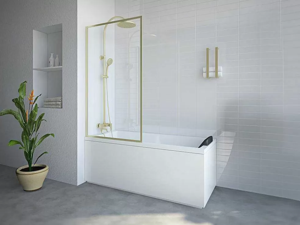 Shower & Design Resguardo De Banheira Dourado Estilo Industrial 80X140 Cm Vidro Temperado - Bradenton* Resguardo De Banheira