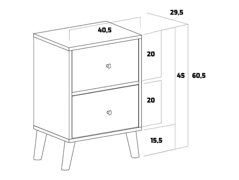 Frankystar Rocco - Mesa De Cabeceira De Design Em Madeira Com 2 Gavetas. Mesa De Cabeceira Contemporanea Com Pés Em Pinho Lacado.* Móvel Para Quarto De Crianças