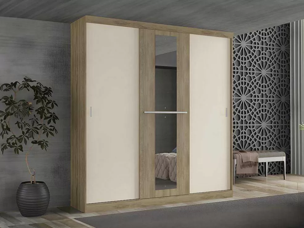 Vente-unique Roupeiro - 3 Portas De Correr - Com Espelho - L205 Cm - Natural E Beige - Didda* Armário E Roupeiro