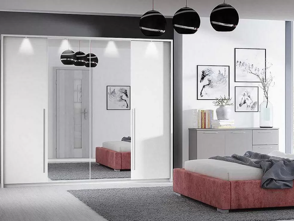 Vente-unique Roupeiro 2 Portas Com Espelho E Leds De C255 Cm Cor Branco - Ingina* Armário E Roupeiro