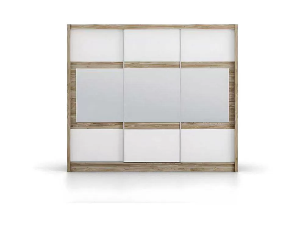 Vente-unique Roupeiro 3 Portas De Correr Com Espelho C250 Cm Cor Natural E Branco - Leovia* Armário E Roupeiro