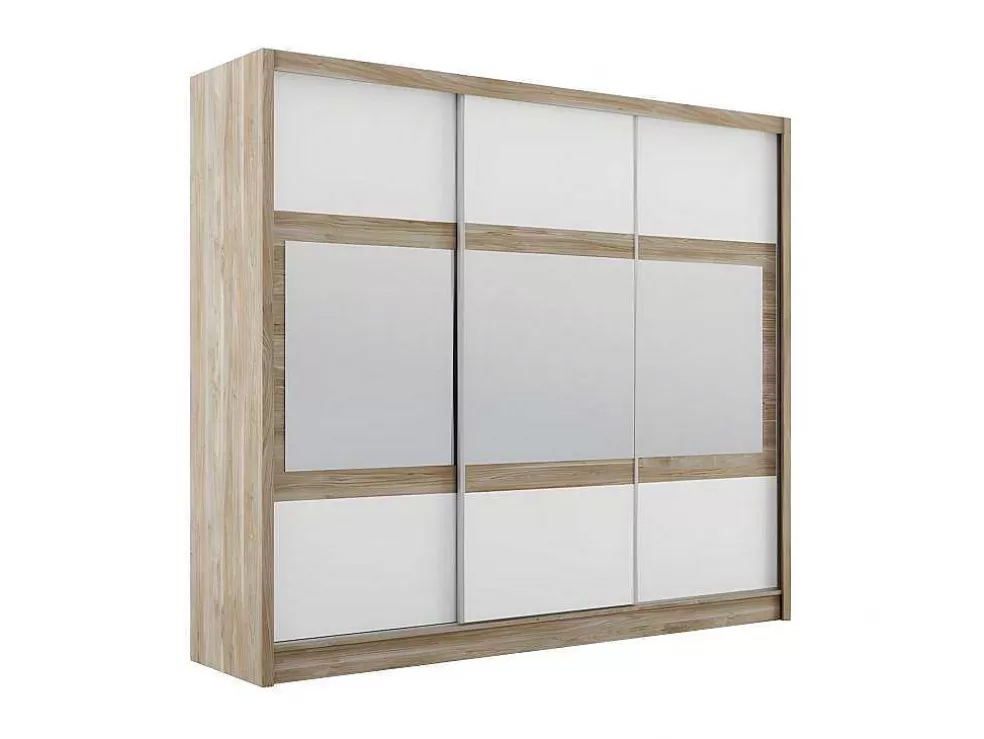 Vente-unique Roupeiro 3 Portas De Correr Com Espelho C250 Cm Cor Natural E Branco - Leovia* Armário E Roupeiro