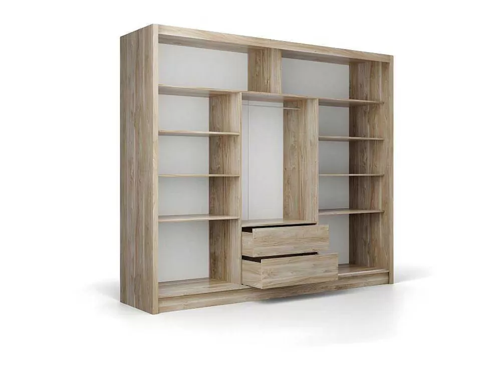 Vente-unique Roupeiro 3 Portas De Correr Com Espelho C250 Cm Cor Natural E Branco - Leovia* Armário E Roupeiro