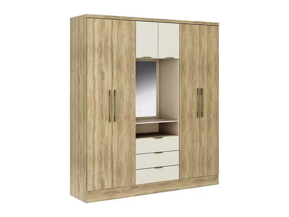 Vente-unique Roupeiro 6 Portas E 3 Gavetas Com Espelho, C180 Cm, Cor Natural E Bege - Elorio* Armário E Roupeiro