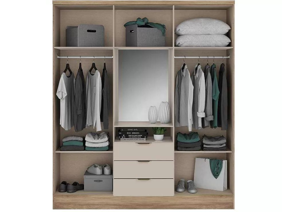 Vente-unique Roupeiro 6 Portas E 3 Gavetas Com Espelho, C180 Cm, Cor Natural E Bege - Elorio* Armário E Roupeiro