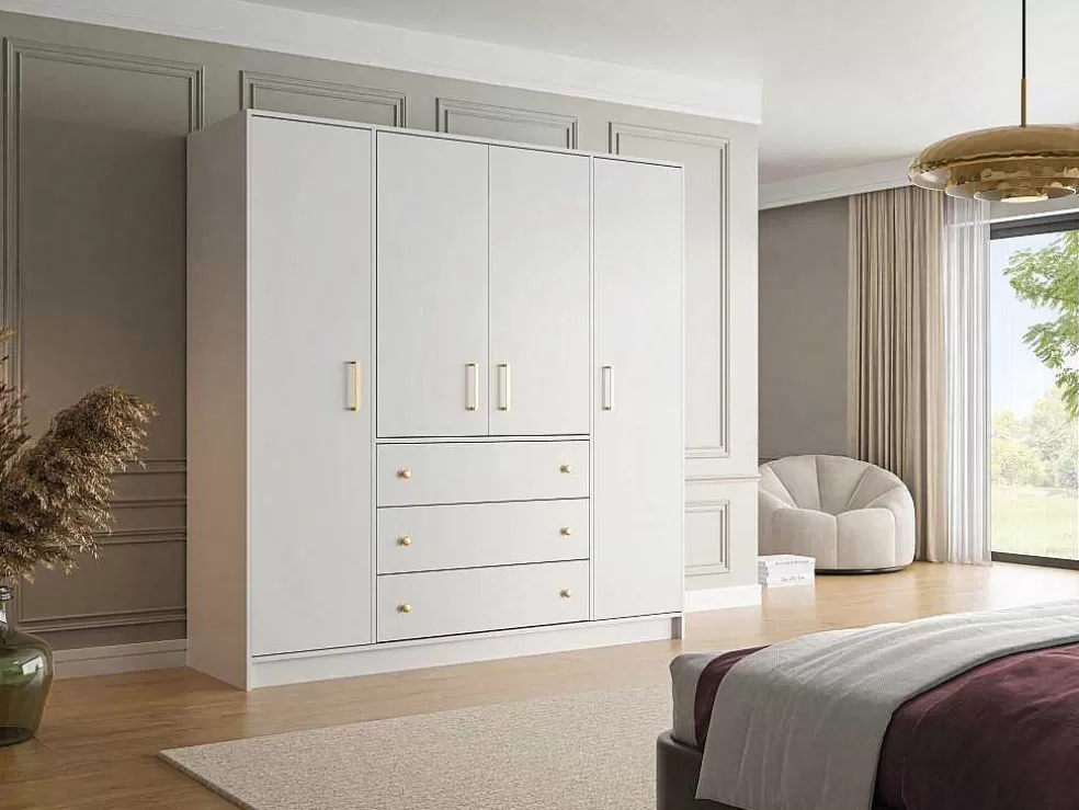 Vente-unique Roupeiro Com 4 Portas E 3 Gavetas C196 Cm Branco - Lizandro* Armário E Roupeiro