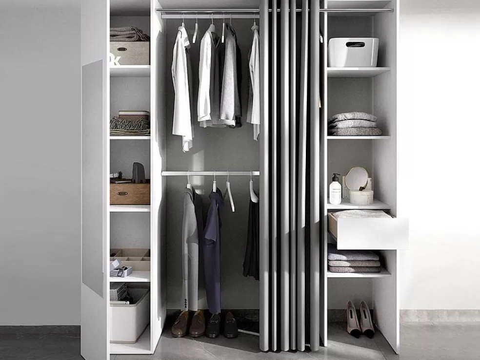 Vente-unique Roupeiro Com Cortina E 1 Porta, Com Espelho, C177 Cm Branco E Cinzento - Bertrand* Armário E Roupeiro