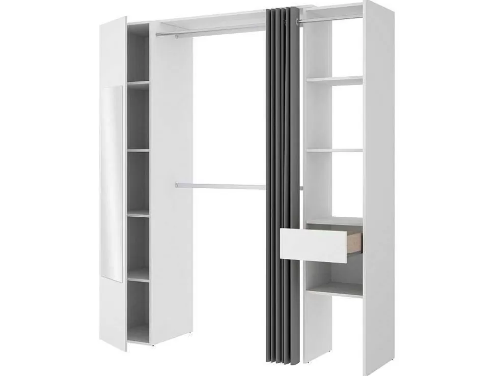 Vente-unique Roupeiro Com Cortina E 1 Porta, Com Espelho, C177 Cm Branco E Cinzento - Bertrand* Armário E Roupeiro