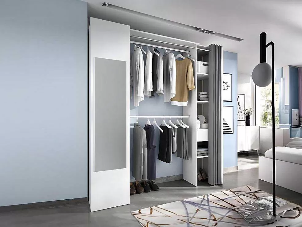 Vente-unique Roupeiro Com Cortina E 1 Porta, Com Espelho, C177 Cm Branco E Cinzento - Bertrand* Armário E Roupeiro