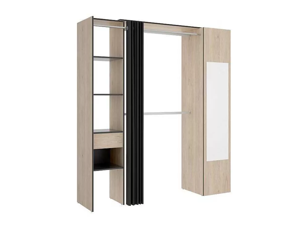 Vente-unique Roupeiro Com Cortina E 1 Porta, Com Espelho, C177 Cm Cor Natural E Antracite - Bertrand* Armário E Roupeiro