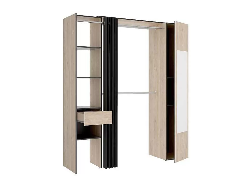 Vente-unique Roupeiro Com Cortina E 1 Porta, Com Espelho, C177 Cm Cor Natural E Antracite - Bertrand* Armário E Roupeiro