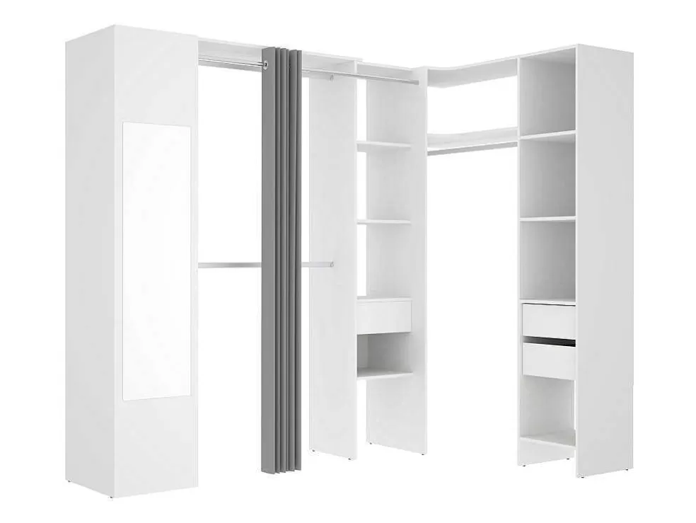 Vente-unique Roupeiro De Canto Com Cortina E 1 Porta, Com Espelho, C231 Cm, Branco E Cinzento - Bertrand* Armário E Roupeiro