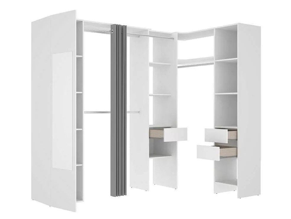 Vente-unique Roupeiro De Canto Com Cortina E 1 Porta, Com Espelho, C231 Cm, Branco E Cinzento - Bertrand* Armário E Roupeiro