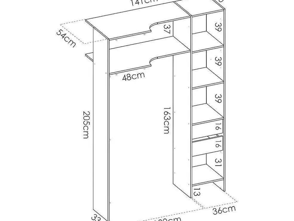 Vente-unique Roupeiro De Canto Com Cortina E 1 Porta, Com Espelho, C231 Cm, Branco E Cinzento - Bertrand* Armário E Roupeiro