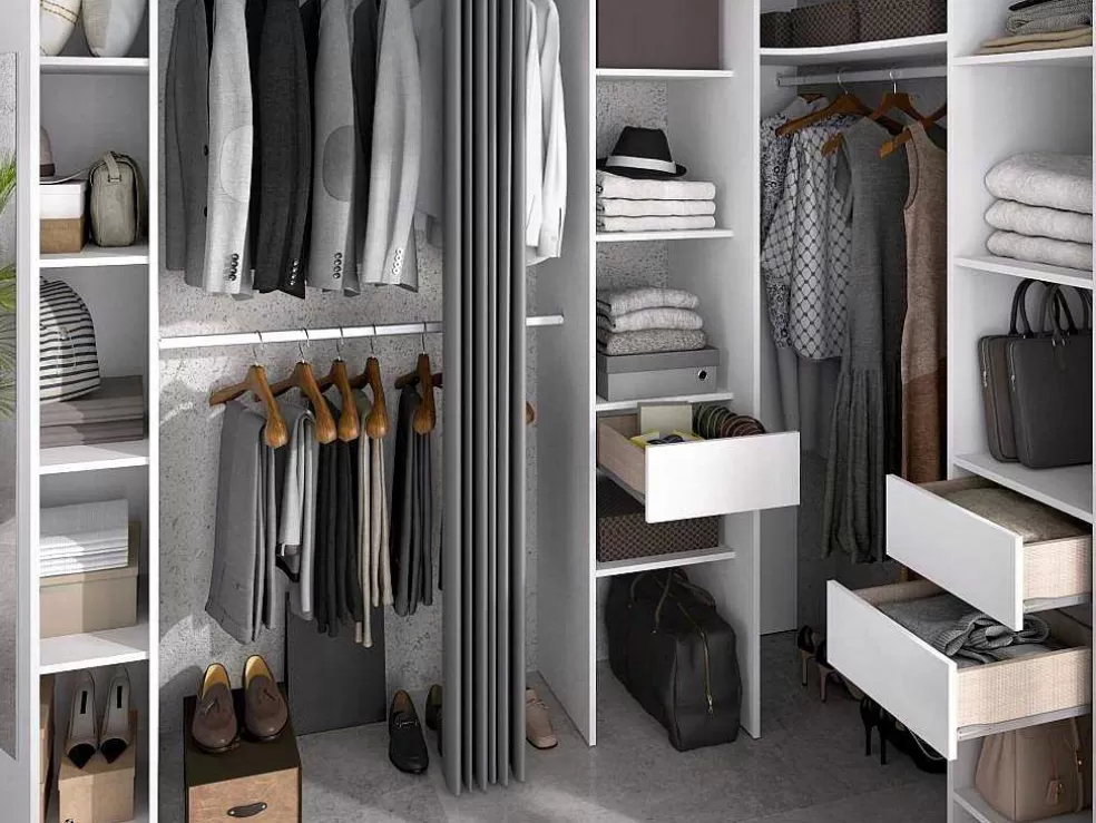 Vente-unique Roupeiro De Canto Com Cortina E 1 Porta, Com Espelho, C231 Cm, Branco E Cinzento - Bertrand* Armário E Roupeiro