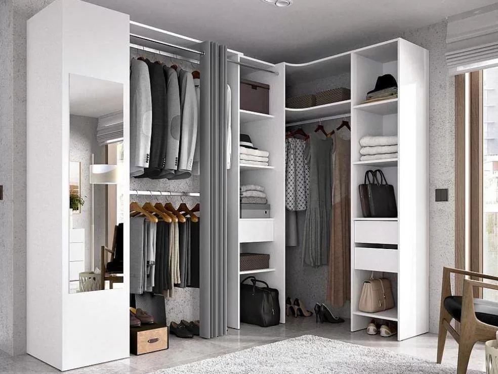 Vente-unique Roupeiro De Canto Com Cortina E 1 Porta, Com Espelho, C231 Cm, Branco E Cinzento - Bertrand* Armário E Roupeiro