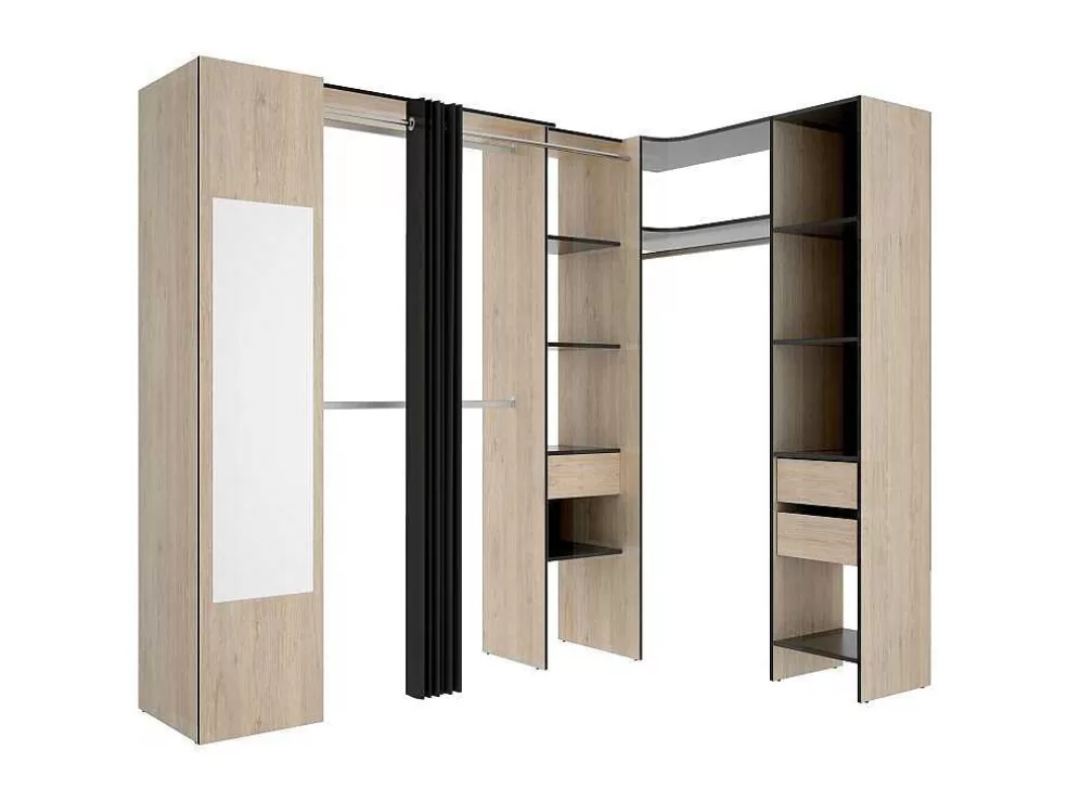 Vente-unique Roupeiro De Canto Com Cortina E 1 Porta, Com Espelho, C231 Cm, Cor Natural E Antracite - Bertrand* Armário E Roupeiro