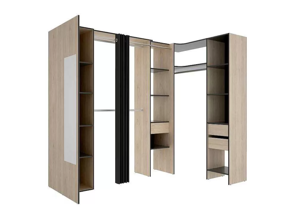 Vente-unique Roupeiro De Canto Com Cortina E 1 Porta, Com Espelho, C231 Cm, Cor Natural E Antracite - Bertrand* Armário E Roupeiro
