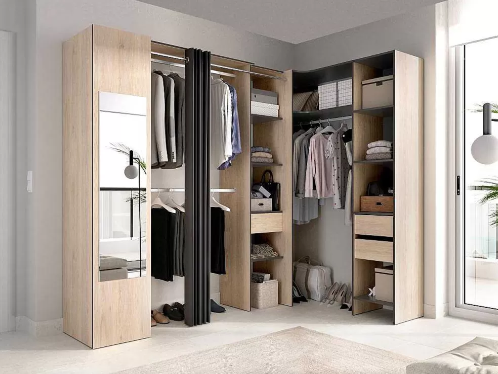 Vente-unique Roupeiro De Canto Com Cortina E 1 Porta, Com Espelho, C231 Cm, Cor Natural E Antracite - Bertrand* Armário E Roupeiro