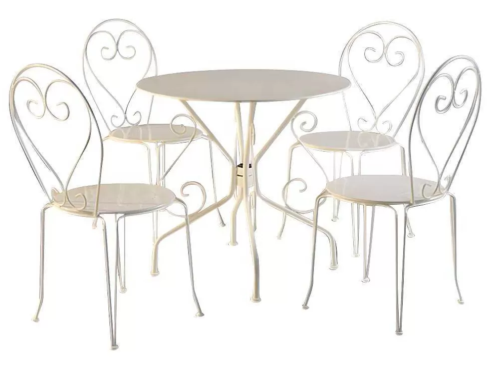 MYLIA Sala De Jantar De Jardim Em Metal Estilo Ferro Forjado: Uma Mesa E 4 Cadeiras Brancas - Guermantes* Conjunto Mesa E Cadeiras De Jardim
