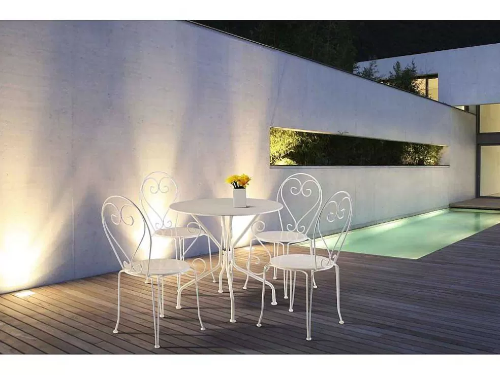 MYLIA Sala De Jantar De Jardim Em Metal Estilo Ferro Forjado: Uma Mesa E 4 Cadeiras Brancas - Guermantes* Conjunto Mesa E Cadeiras De Jardim