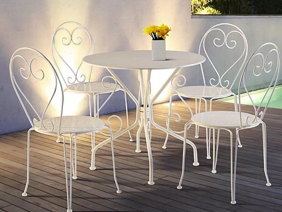MYLIA Sala De Jantar De Jardim Em Metal Estilo Ferro Forjado: Uma Mesa E 4 Cadeiras Brancas - Guermantes* Conjunto Mesa E Cadeiras De Jardim