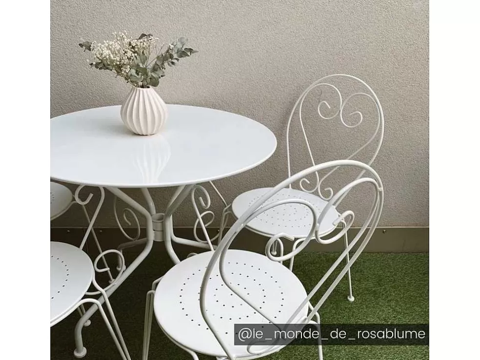 MYLIA Sala De Jantar De Jardim Em Metal Estilo Ferro Forjado: Uma Mesa E 4 Cadeiras Brancas - Guermantes* Conjunto Mesa E Cadeiras De Jardim