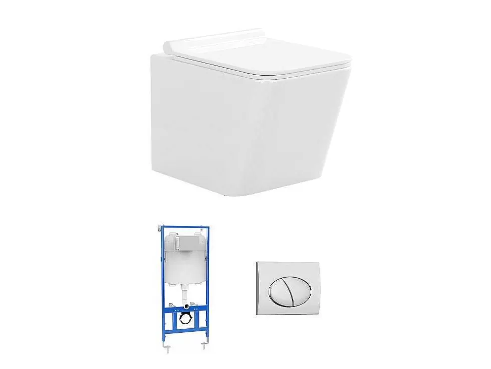Vente-unique Sanita Suspensa Branco Com Estrutura De Suporte E Placa De Descarga Cromado Oval - Clemona* Sanita Suspensa