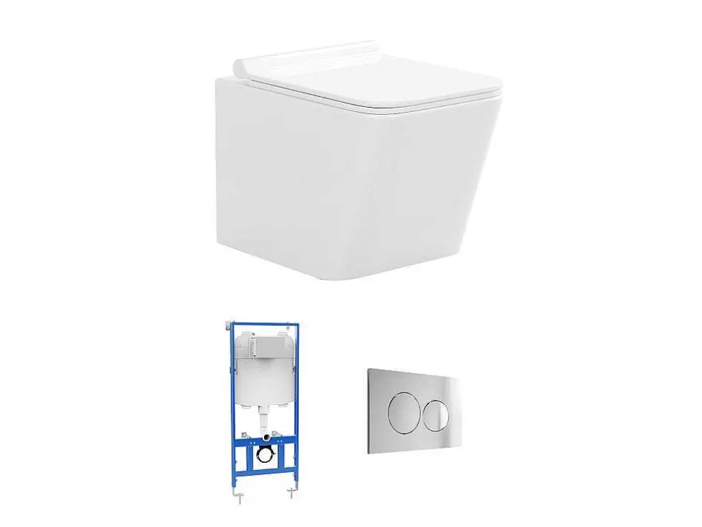 Vente-unique Sanita Suspensa Branco Com Estrutura De Suporte E Placa De Descarga Cromado Redondo - Clemona* Sanita Suspensa