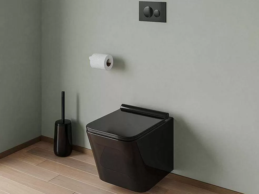 Vente-unique Sanita Suspensa Em Ceramica Preto Brilhante Com Opcao De Estrutura De Suporte E Placa De Descarga Redonda - Clemona* Sanita Suspensa