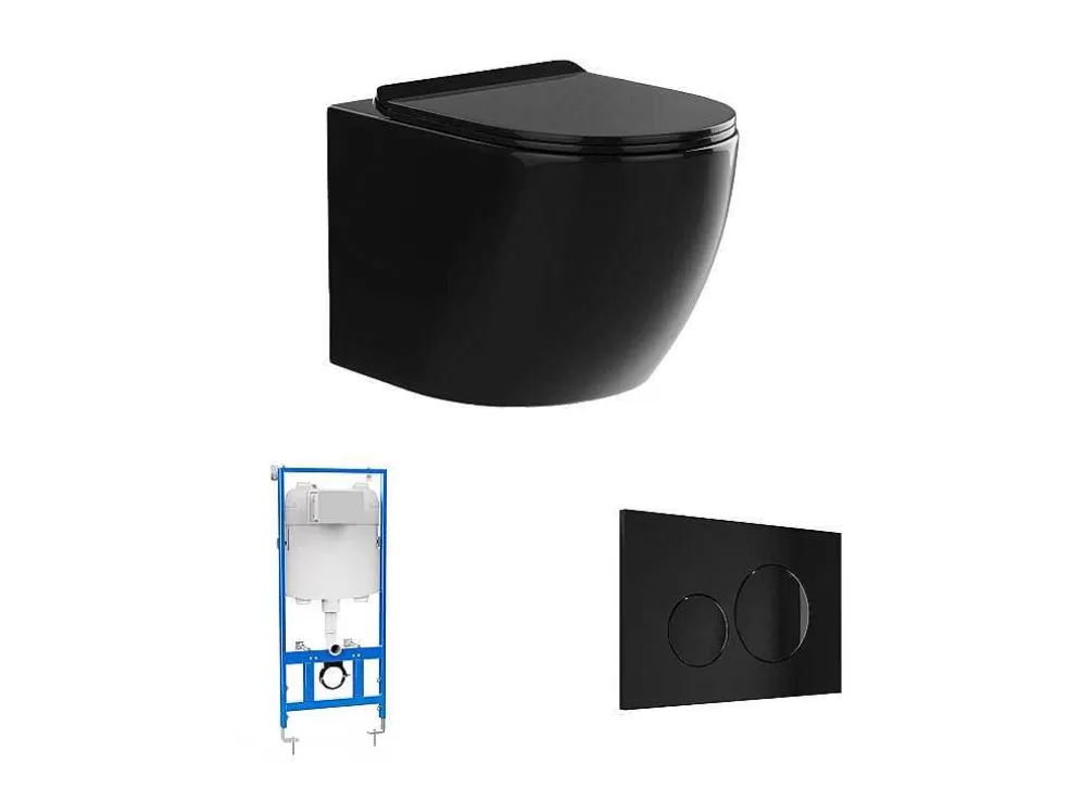 Vente-unique Sanita Suspensa Preto Brilhante Com Estrutura De Suporte E Placa De Descarga - Javoine* Sanita Suspensa