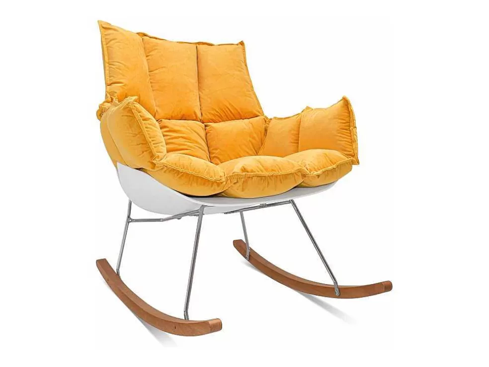 Frankystar Santiago - Poltrona De Balanco Design Em Pp E Madeira De Pinho. Cadeira De Baloico Com Almofada De Veludo Amarelo Delia Acolchoada E Acolchoada* Poltrona Em Tecido
