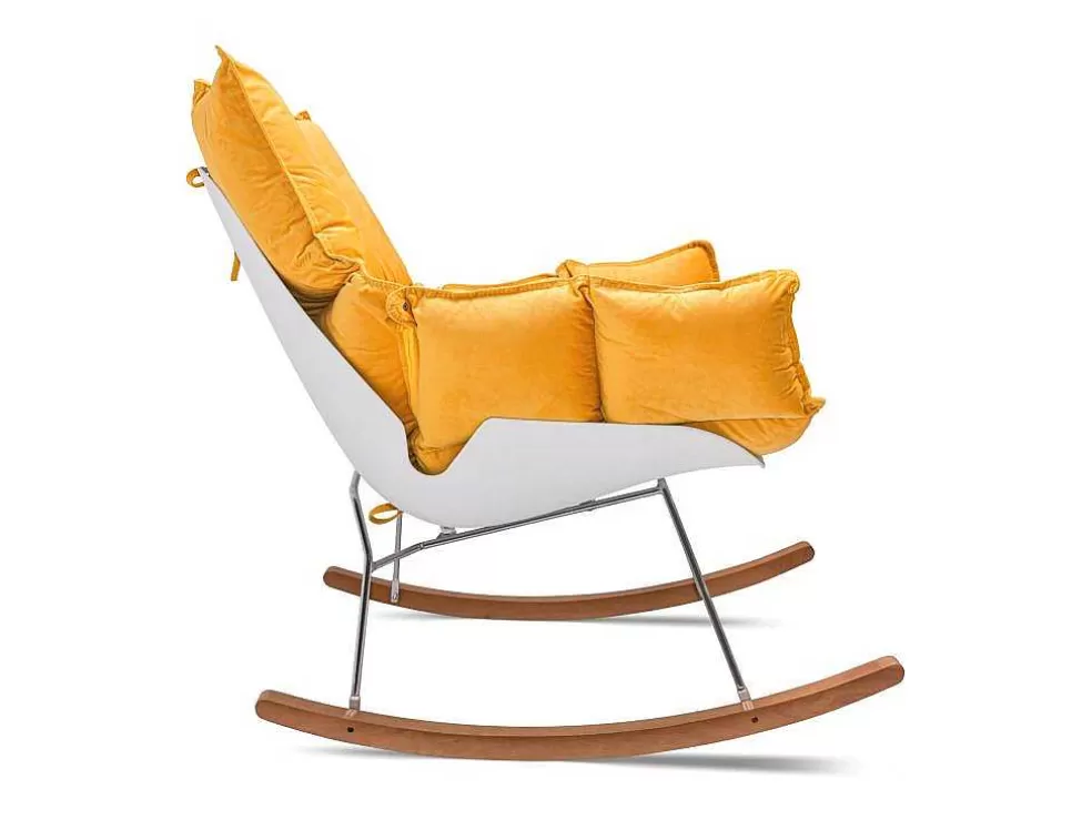 Frankystar Santiago - Poltrona De Balanco Design Em Pp E Madeira De Pinho. Cadeira De Baloico Com Almofada De Veludo Amarelo Delia Acolchoada E Acolchoada* Poltrona Em Tecido