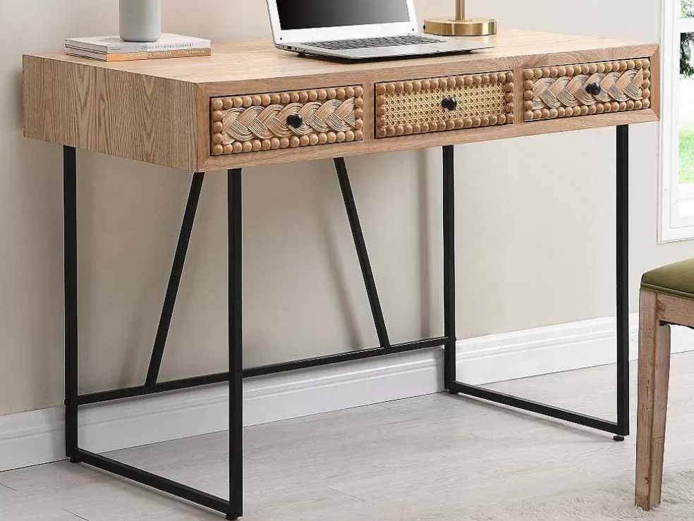 Vente-unique Secretária Com 3 Gavetas Mdf E Metal Cor Natural E Preto - Akivi* Secretária