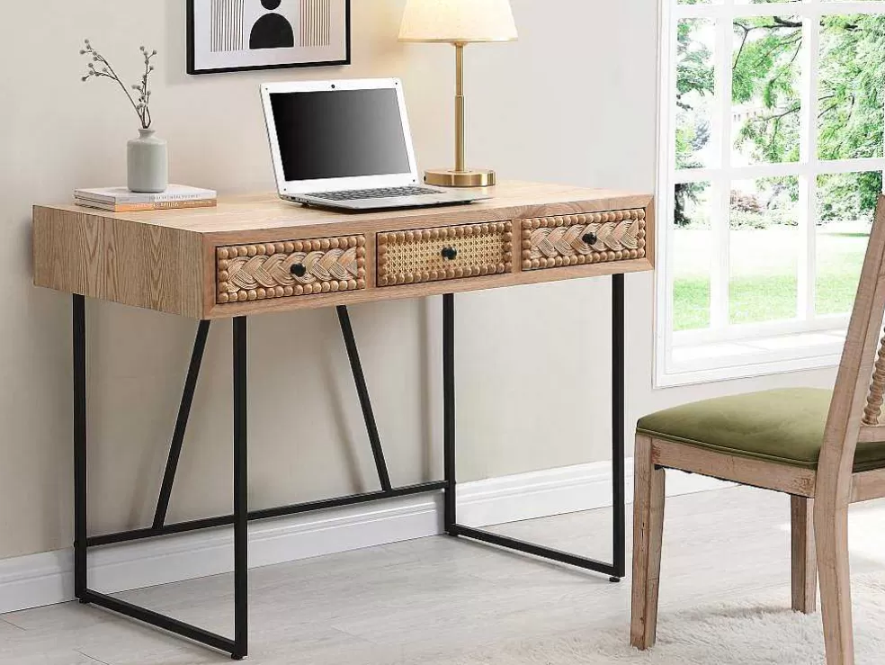 Vente-unique Secretária Com 3 Gavetas Mdf E Metal Cor Natural E Preto - Akivi* Secretária