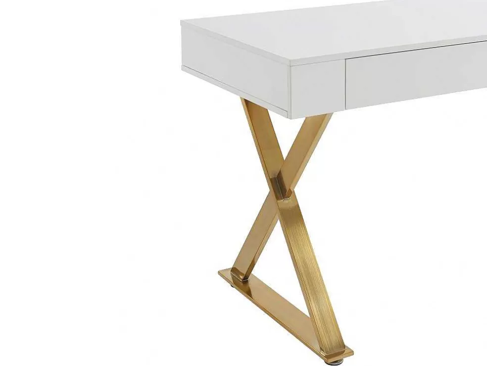 PASCAL MORABITO Secretária Com 2 Gavetas, Mdf Lacado E Metal, Branco E Dourado - Pleisa* Secretária