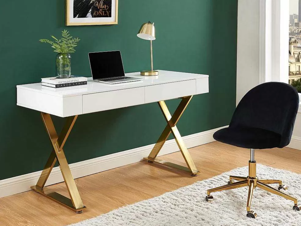 PASCAL MORABITO Secretária Com 2 Gavetas, Mdf Lacado E Metal, Branco E Dourado - Pleisa* Secretária